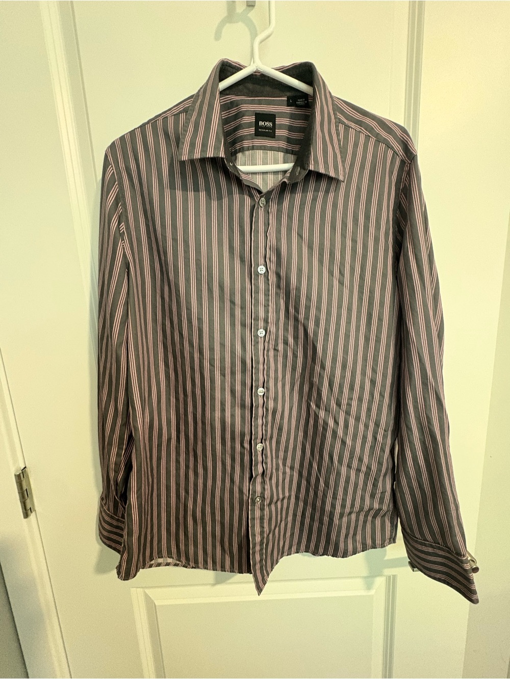Boss Men’s Pink and Grey Vertical Stripe Dress Shirt
